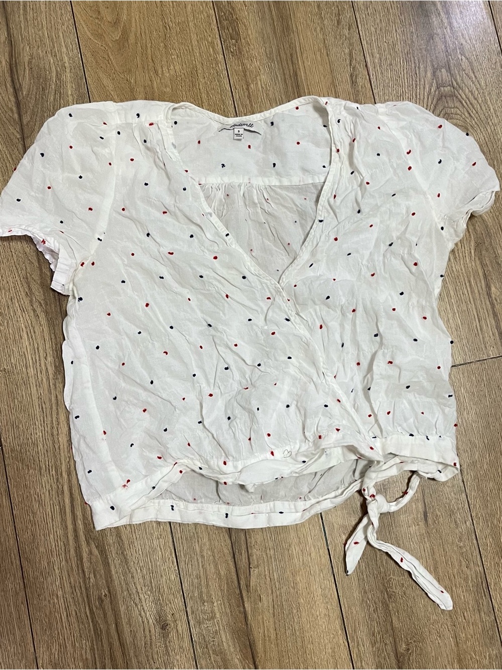 Madewell White Short-Sleeve Tie-Waist Dot Blouse wrap top
